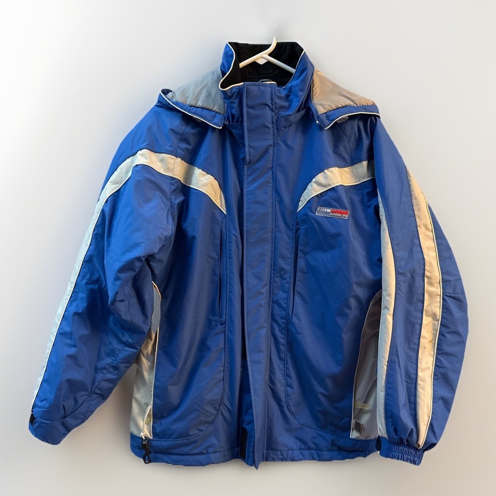 Karbon Kids Ski Snowboarding Jacket Blue Gray‎ Hooded Sz 16 Winter Detach Hood